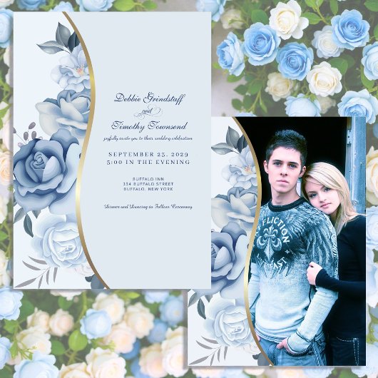 Blue Floral w/Custom Photo Wedding Invitation  招待状