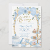blue floral watercolor baby shower tea coquette 招待状 (正面)