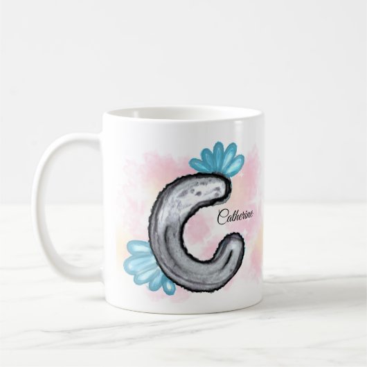 Blue Floral Watercolor Letter C コーヒーマグカップ (左)