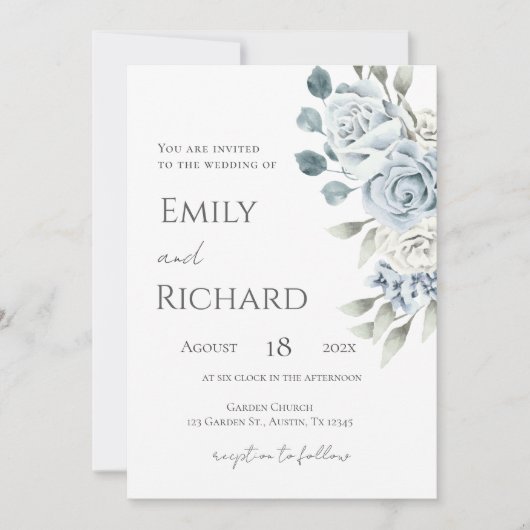 Blue Floral Wedding 招待状 (正面)