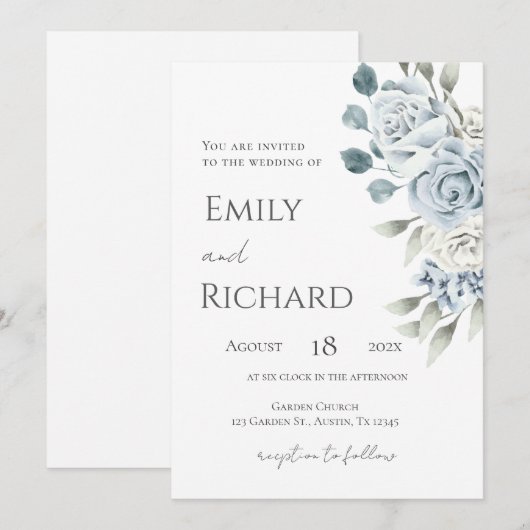 Blue Floral Wedding  招待状 (正面/裏面)