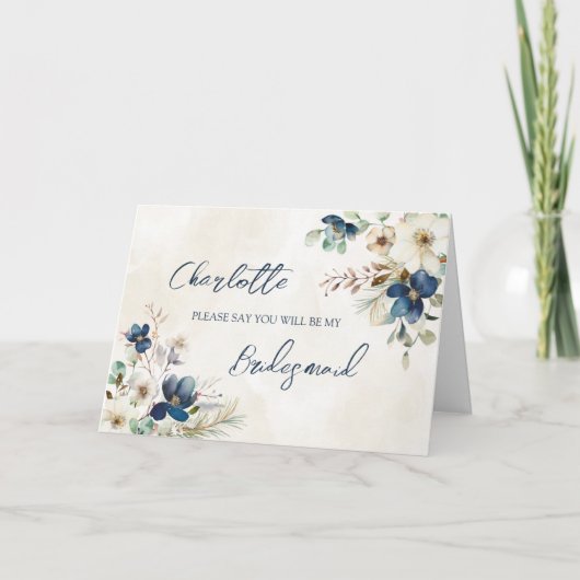 Blue Floral Wedding Bridesmaid Proposal Card サンキューカード (正面)