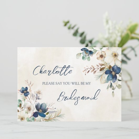 Blue Floral Wedding Bridesmaid Proposal Card 招待状 (スタンド正面)