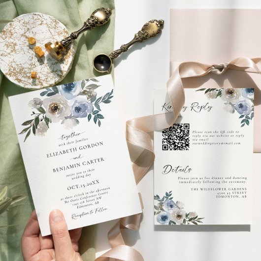 Blue Floral Wedding Elegant Watercolor QR Code 招待状