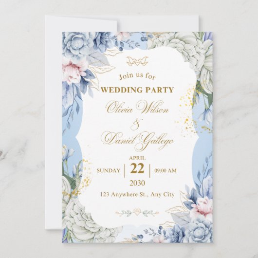 Blue Floral Wedding Invitation Elegant Romantic 招待状 (正面)