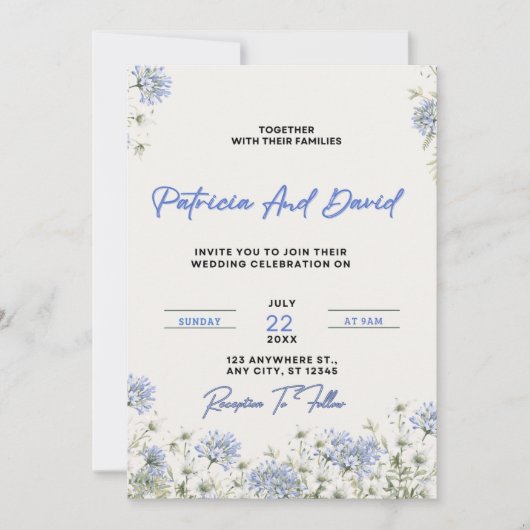 Blue Floral Wedding Invitation Template | Elegant 招待状 (正面)