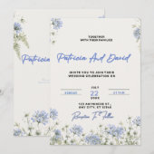 Blue Floral Wedding Invitation Template | Elegant 招待状 (正面/裏面)