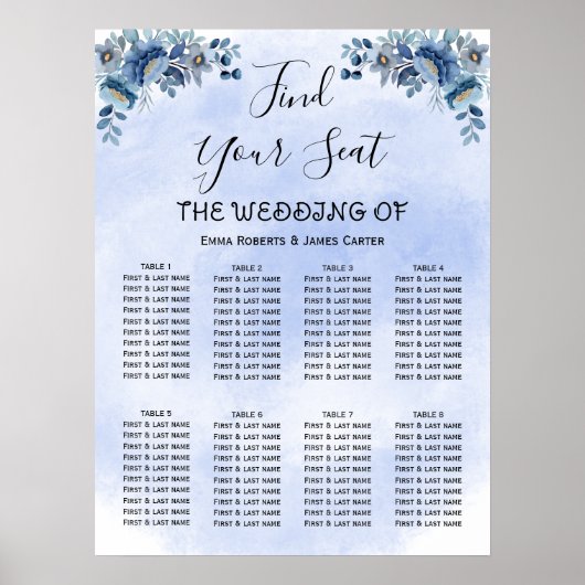 Blue Floral Wedding Invitation Wedding Seating Cha ポスター (正面)