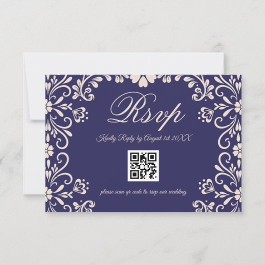 Blue Floral Wedding QR 出欠カード (正面)