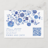 Blue Floral Wedding RSVP QR Code response Card エンクロージャーカード (正面)