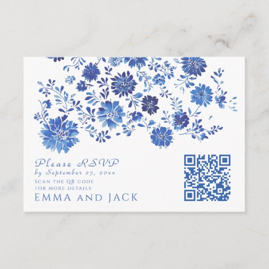 Blue Floral Wedding RSVP QR Code response Card エンクロージャーカード (正面)