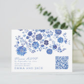 Blue Floral Wedding RSVP QR Code response Card エンクロージャーカード (スタンド正面)