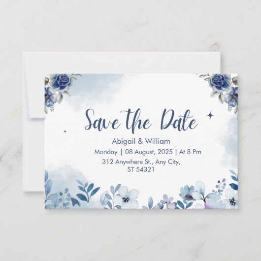 Blue Floral Wedding Save The Date Invitation Cards セーブザデート (正面)