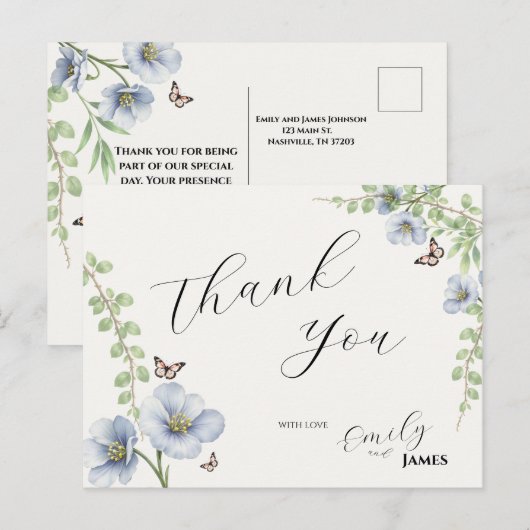 Blue Floral Wedding Thank You Poastcard ポストカード (正面/裏面)