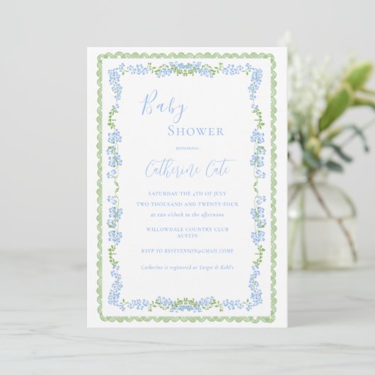 Blue Floral Whimsical Baby Shower 招待状 (スタンド正面)