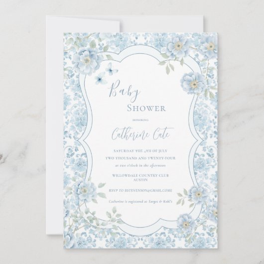 Blue Floral Whimsical Baby Shower 招待状 (正面)
