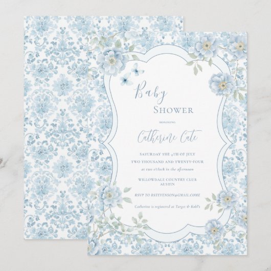 Blue Floral Whimsical Baby Shower  招待状 (正面/裏面)