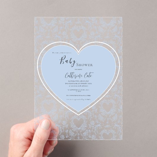 Blue Floral Whimsical Heart Baby Shower  アクリル招待状 (インサイチュ (ポータブル))