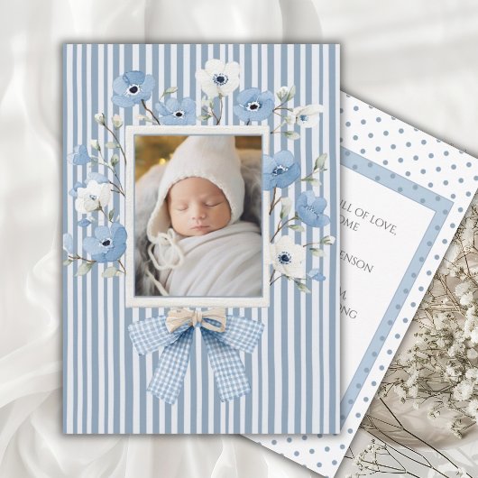 Blue Floral Whimsical Vintage Birth Announcement 招待状