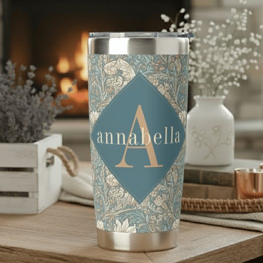 Blue Floral William Morris Elegant Monogram 保温保冷タンブラー