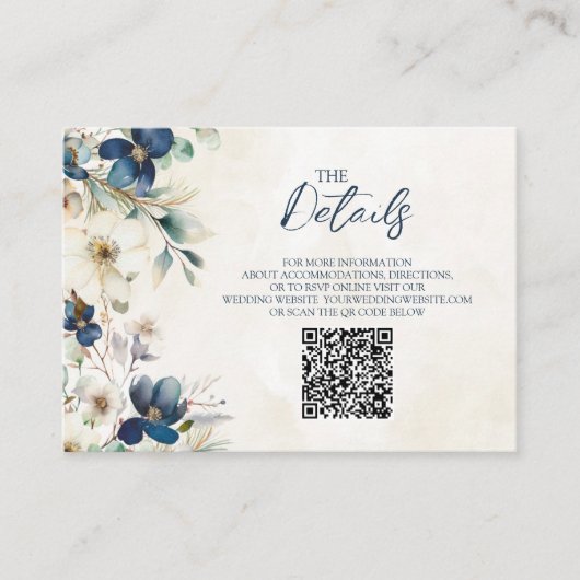 Blue Floral Winter Wedding QR code Details Insert エンクロージャーカード (正面)