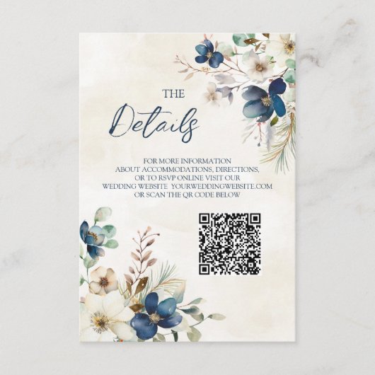 Blue Floral Winter Wedding QR code Details Insert エンクロージャーカード (正面)