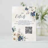 Blue Floral Winter Wedding QR code Details Insert エンクロージャーカード (スタンド正面)
