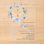 Blue floral wreath cross bow boy baptism clear アクリル招待状 (正面)