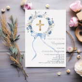 Blue floral wreath cross bow boy baptism silver 箔招待状