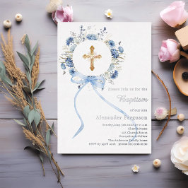 Blue floral wreath cross bow boy baptism silver 箔招待状