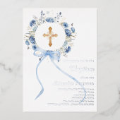 Blue floral wreath cross bow boy baptism silver 箔招待状 (正面)