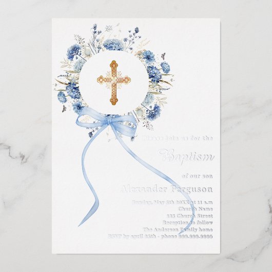 Blue floral wreath cross bow boy baptism silver 箔招待状 (正面)