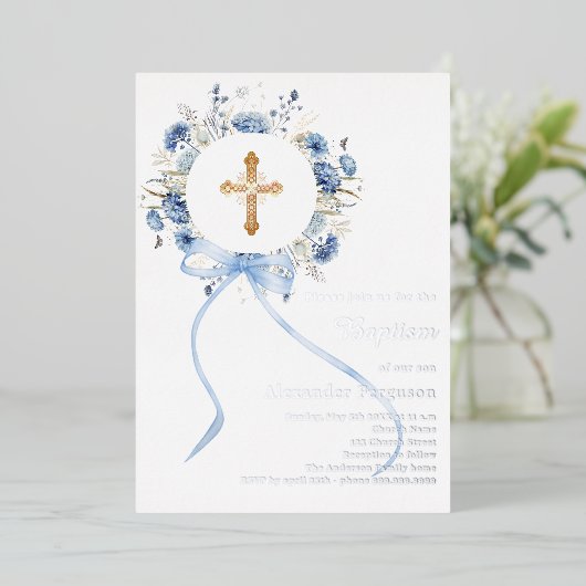 Blue floral wreath cross bow boy baptism silver 箔招待状 (立ち正面)