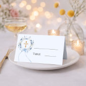 Blue floral wreath gold cross bow boy baptism プレイスカード