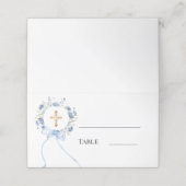 Blue floral wreath gold cross bow ribbon boy プレイスカード (外部開封)