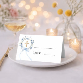 Blue floral wreath gold cross bow ribbon boy プレイスカード