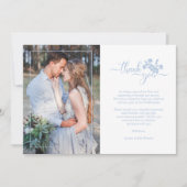 Blue Floral Wreath Photo Card Wedding Couple サンキューカード (正面)