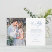 Blue Floral Wreath Photo Card Wedding Couple サンキューカード (スタンド正面)