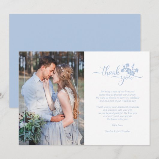Blue Floral Wreath Photo Card Wedding Couple サンキューカード (正面/裏面)