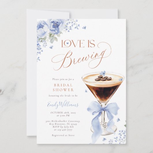 Blue Florals Coffee Bridal Shower 招待状 (正面)