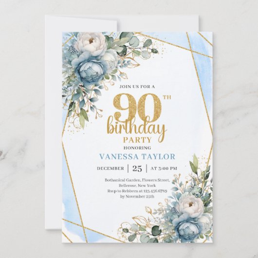 Blue Florals Gold Border 90th Birthday Invitation 招待状 (正面)