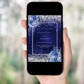 Blue florals silver 25th wedding anniversary 招待状