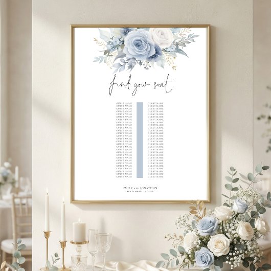 Blue Florals Single Table Wedding Seating Chart ポスター