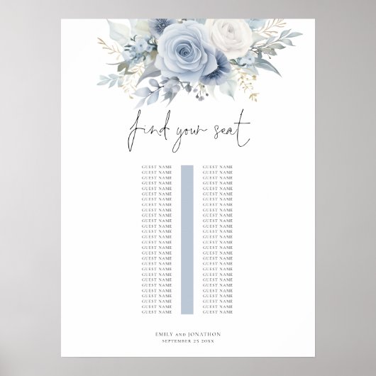 Blue Florals Single Table Wedding Seating Chart ポスター (正面)