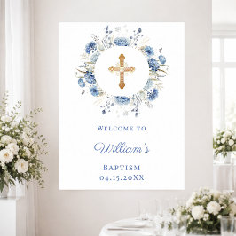 Blue florals wreath boy Baptism welcome ポスター