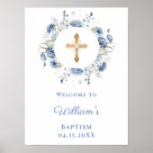 Blue florals wreath boy Baptism welcome ポスター (正面)