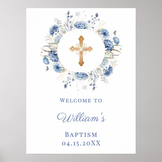 Blue florals wreath boy Baptism welcome ポスター (正面)