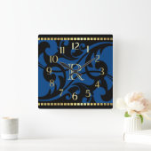 Blue Flourish Design Gold Border with Monogram スクエア壁時計 (ホーム)
