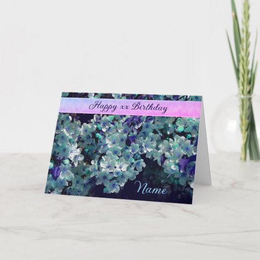 Blue Flower Blossoms Personalized Birthday カード (正面)