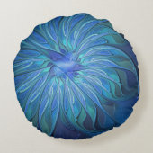 Blue Flower Fantasy Pattern, Abstract Fractal Art ラウンドクッション (裏面)